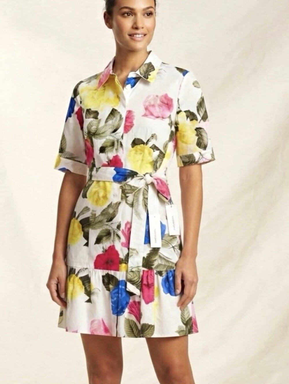 Calvin Klein 100% Cotton White Midi Shirt Dress with Pink, Blue & Yellow Floral